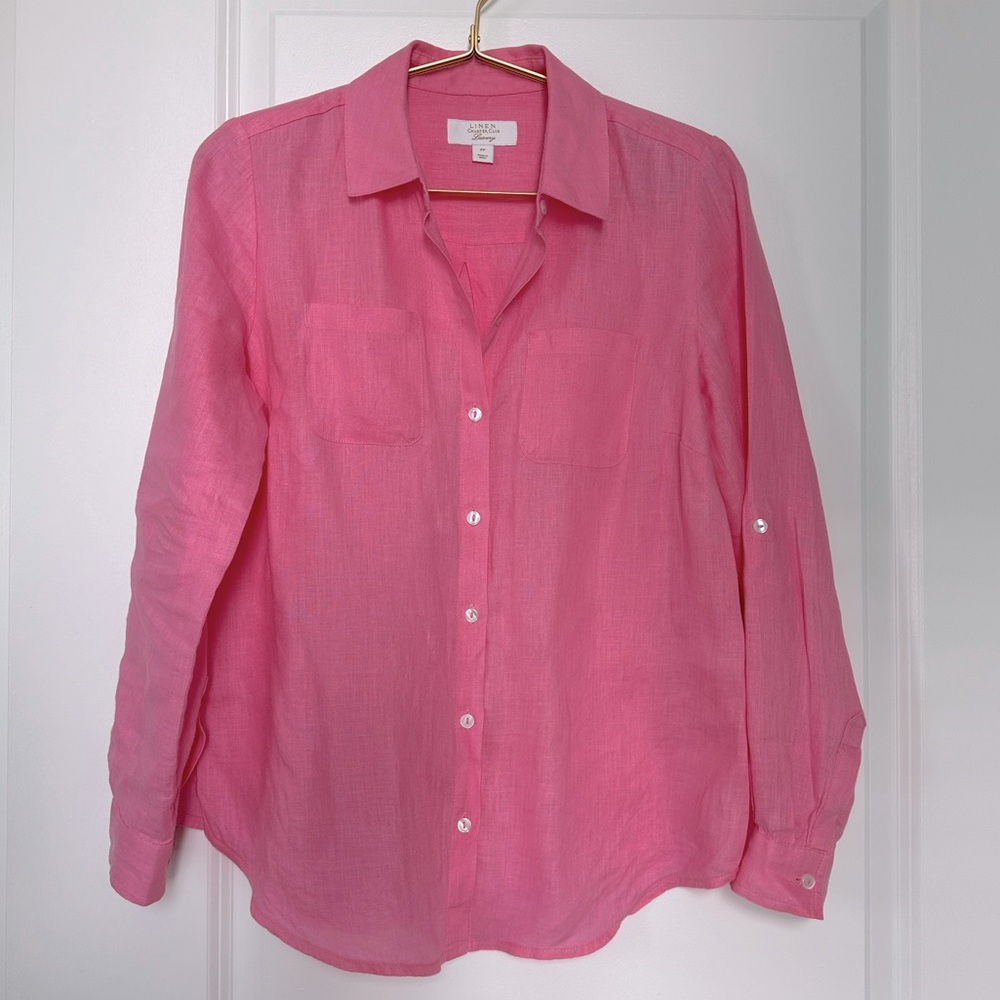 100% Linen Button-Front Shirt Size XS Petite Pink